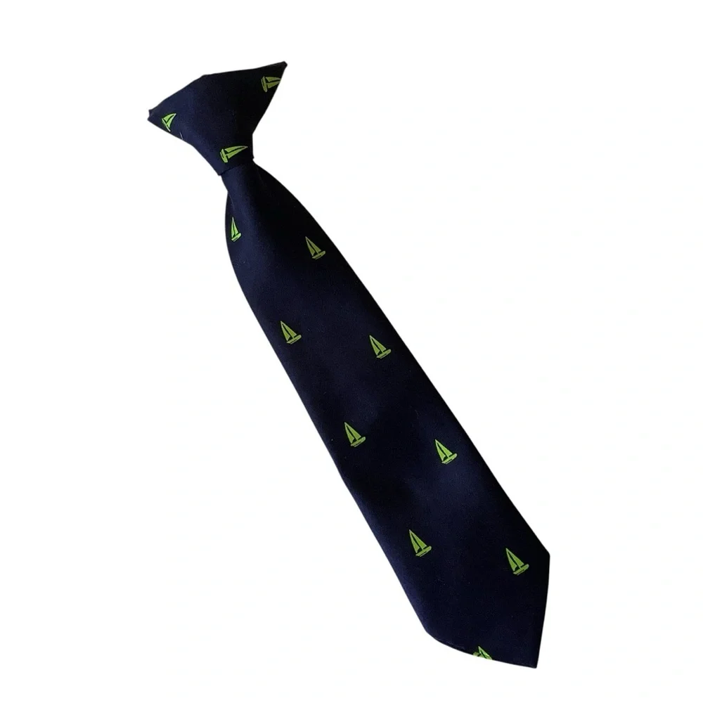 Navy Tie with Green Sailboat Pattern
